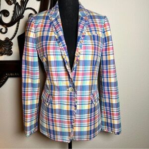 J.Crew Woman’s Regent 100% Cotton Colorful Ruffle Plaid One Button Blazer 8